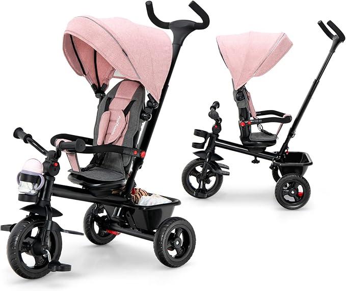 BABY JOY Tricycle, 5 in 1 Toddler Bike W/Removable Push Handle, Reversible Seat, EVA Wheel, Adjustable Canopy, Cup Holder & Storage, Ideal for Kids 1.5-5 Years Old, Tricycle for Toddler (Pink)