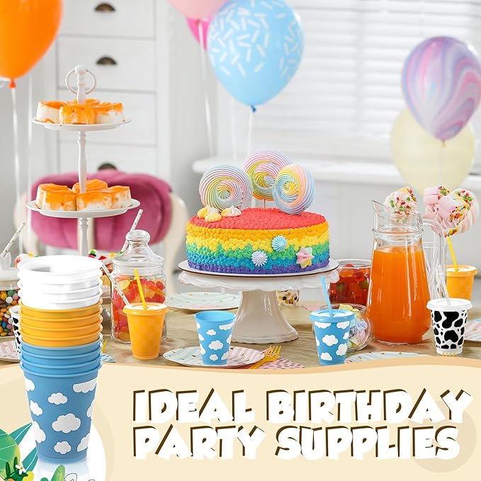 Tioncy 12 Pcs 16 Oz Cartoon Themed Party Reusable Plastic Cups Plastic Tumbler with Lid and Straw Drinking Cup Cartoon Carnival Birthday Party Supplies for Decorations