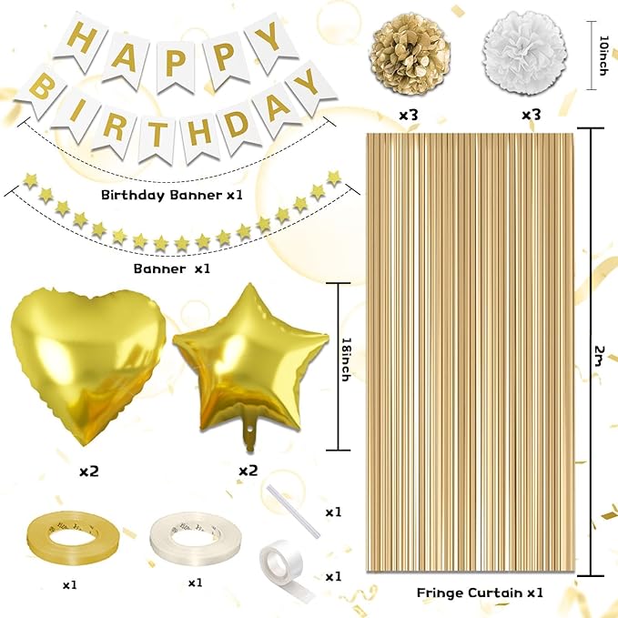White & Gold Birthday Decorations - Happy Birthday Banner, Fringe Curtain, Tissue Paper, Pompoms, Star Garland, Confetti & Balloons