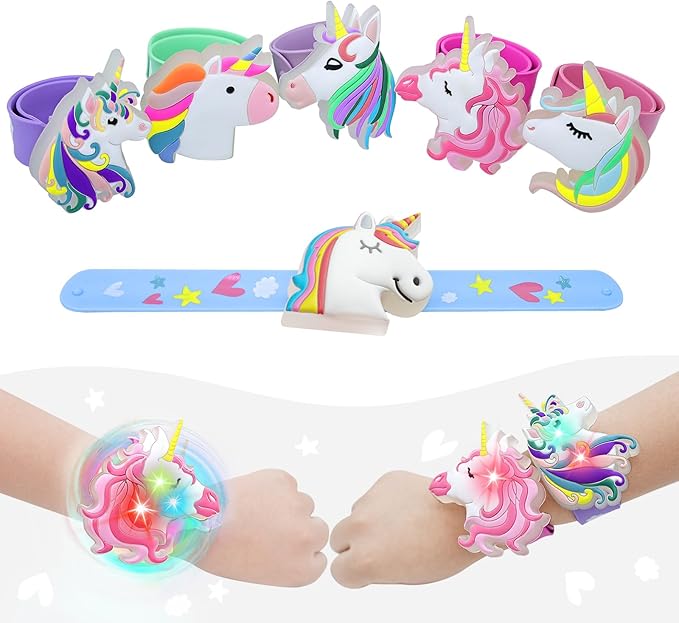 Light Up Slap Bracelets for Kids 6 Pack Party Favors for Girls Birthday, LED Unicorn Wristbands Bracelets for Goodie Bag Fillers & Party Supplies