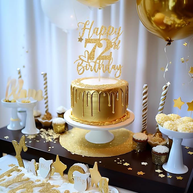 Happy 72nd Birthday Cake Topper, Decorations for Men/Women, Cheers to 72 Years, Hello 72, Party Supplies Gold Glitter