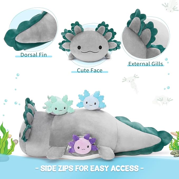 4Pcs Axolotl Plush, Cuddly Stuffed Animal Mommy 24 inch with 3 Baby Plushies in Tummy, Soft Toys Gifts for Kids Girls Boys