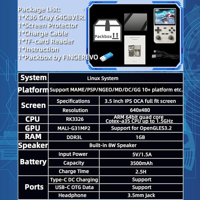 K36 Handheld Game Console 3.5-in 640 * 480 IPS OCA Screen 3500mAh RK3326 Opensource System Gray