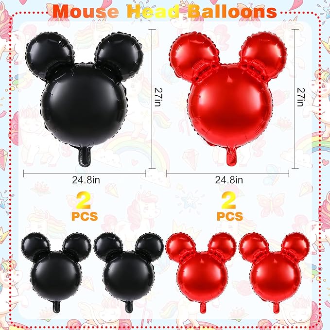 4 Pcs Bear Head Foil Balloons, 24'' Mylar Balloon for Birthday Party Decorations Jumbo Bear Head Aluminum Foil Balloons Party Favors Supplies (Black Red)