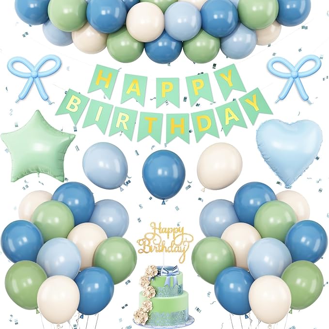Blue and Green Birthday Decorations,Dusty Blue Sage Green Balloons Banner Star Heart Foil Balloon for Boys Girls Birthday Wedding Baby Bridal Shower Jungle Party Decorations