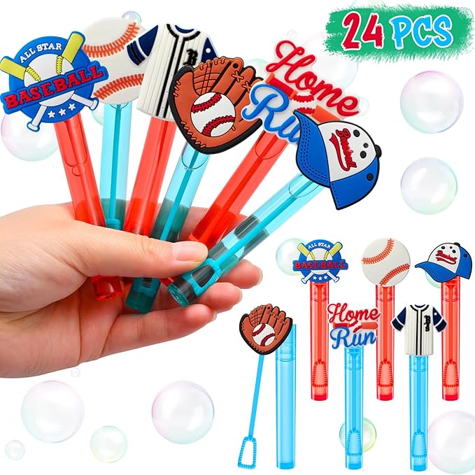 Winrayk Baseball Party Favors, 24Pcs Baseball Themed Mini Bubble Wands for Kids Bubbles Bulk with Detachable Topper (6 Styles), Birthday Gift Classroom Prizes Girl Boys Sports Goody Bag Stuffer Supply