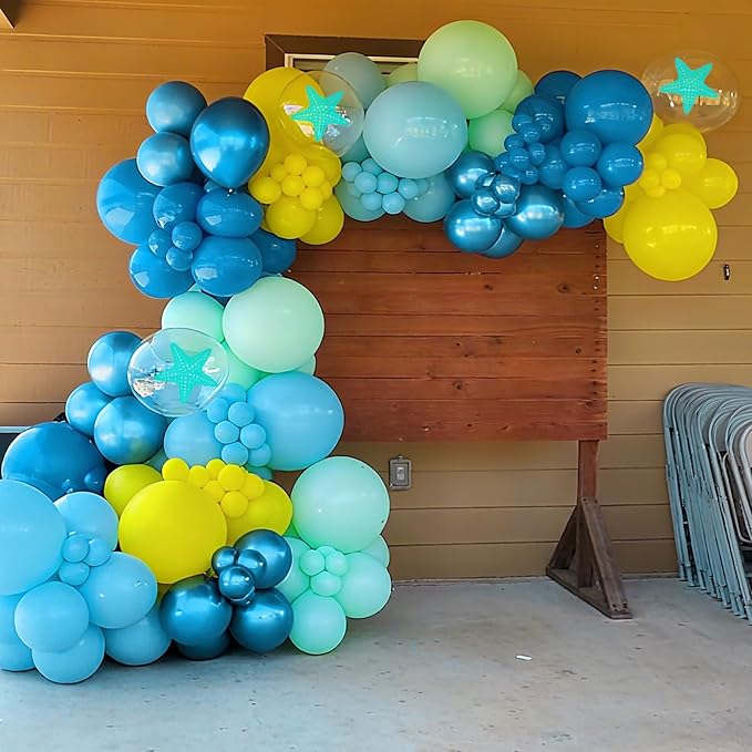 Blue and Yellow Balloons, 50PC 12 Inch Yellow Light Metallic Blue Teal Transparent Starfish Print Balloons for Ocean Themed Birthday Baby Shower Beach Pool Party Decorations