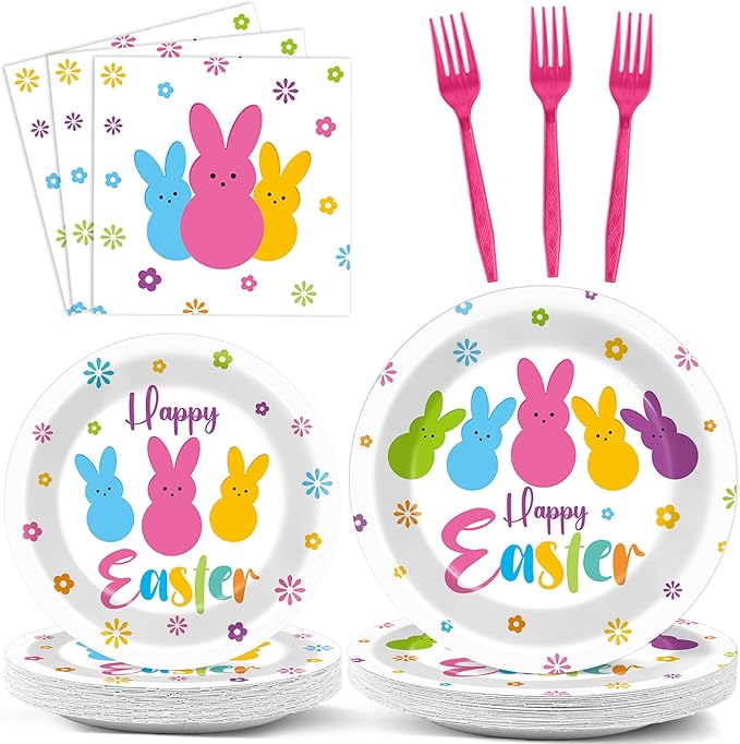 gisgfim 96Pcs Easter Bunny Peeps Party Plates and Napkin Party Supplies Easter Rabbit Party Tableware Set Happy Easter Party Decorations Favors for Spring Party Dinner Holiday Decoration Serve 24