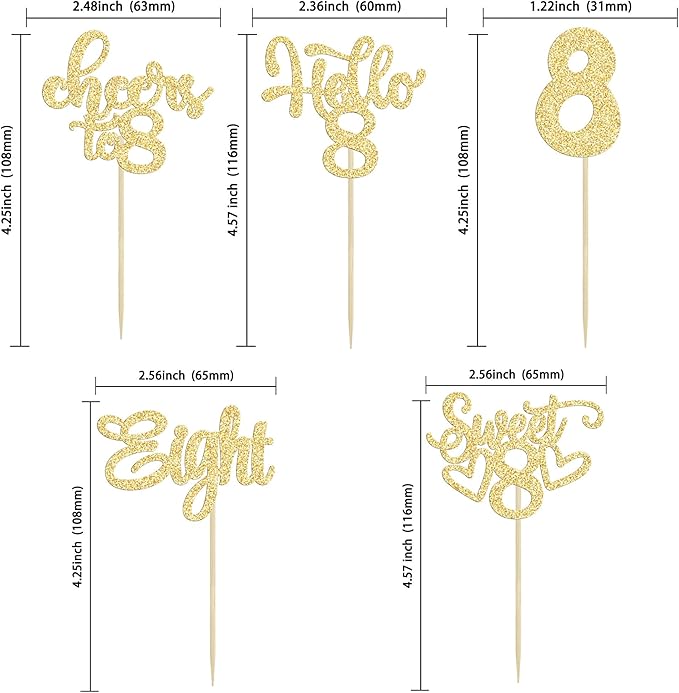 30Pcs 8th Birthday Cupcake Toppers Glitter Eight Hello 8 Cupcake Picks Cheers to 8 Years Old Cake Decorations for 8th Birthday Party Supplies Gold