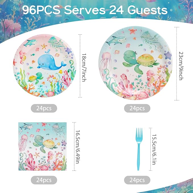 96Pcs Under the Sea Plates Party Supplies, Fish Paper Plates and Napkins and Forks Ocean Baby Shower Picnic Kids Birthday Party Decorations, Serves 24