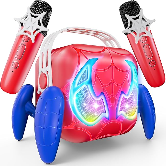 Karaoke Machine for Kids, Red & Blue Glowing Eyes & Rhythm Light, 5 Magic Voice, 2 Wireless Mini Microphone, Portable Bluetooth Speaker, Easter Basket Stuffers Boys Gifts Age 3 4 5 6 7 8 9 10 11 12