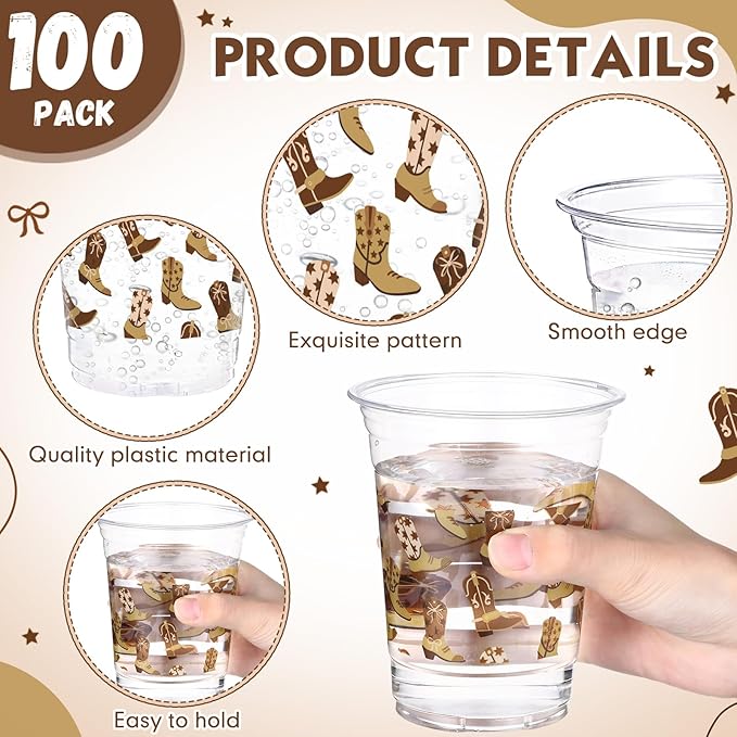 100 Pcs Western Plastic Cups 12 oz Clear Disposable Plastic Cowboy Cowgirl Drinking Cups Bulk for Boho Preppy Baby Shower Birthday Wild West Party Decoration Supplies(Cowboy Shoes,Brown)