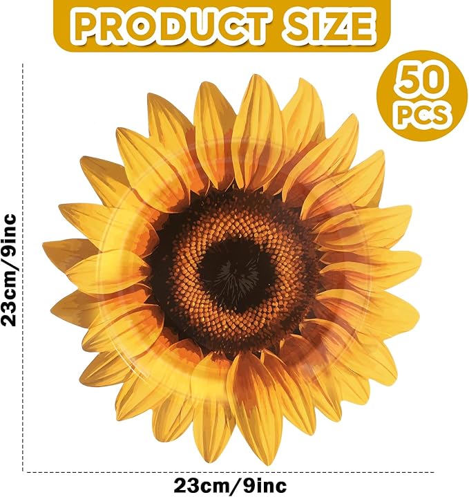 50 Pcs Sunflower Paper Plates Sunflower Shaped Plates Sunflower Baby Shower Party Supplies Sunflower Print Theme Plate for Birthday Baby Shower Bridal Shower Spring Garden Party Decorations