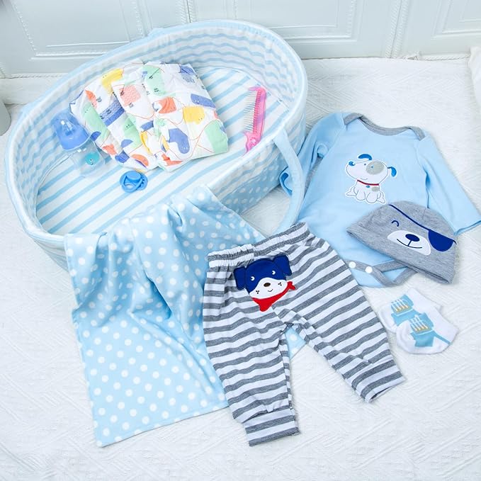 PEDOLLTREE Reborn Baby Dolls Clothes Boy Blue Dog Outfit Accessories 13 Pcs for 17-22 Inches Reborn Doll Newborn Boy with Blue Dot Bassinet