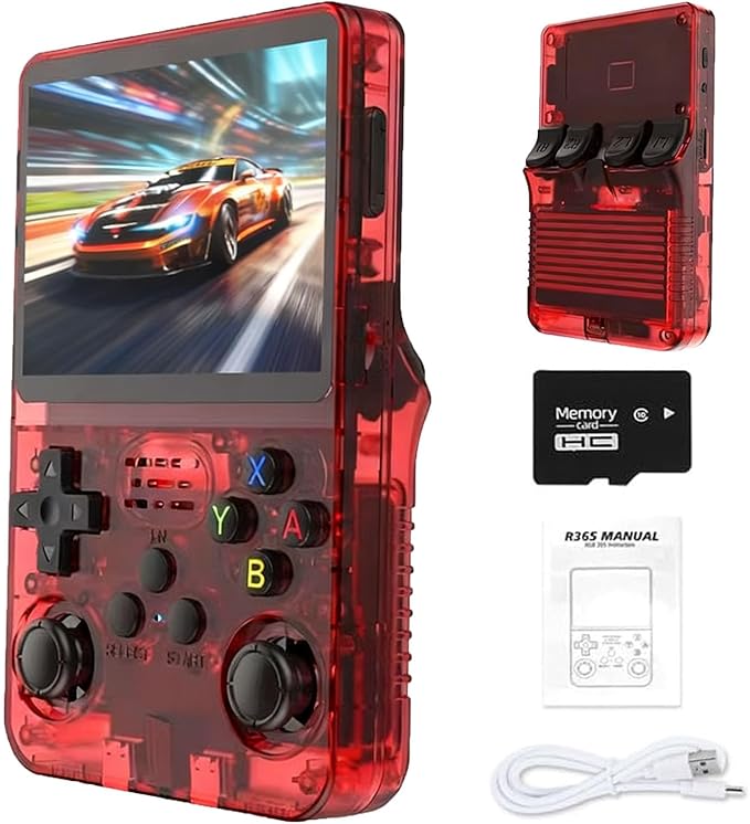 Retro Handheld Game Console R36S, 3.5-Inch HD IPS Screen 3200mAh Battery, 128G Built-in 20000+ Games 20+ Emulators, HDMI TV Output for Classic Game Play (Transparent Red +128G)
