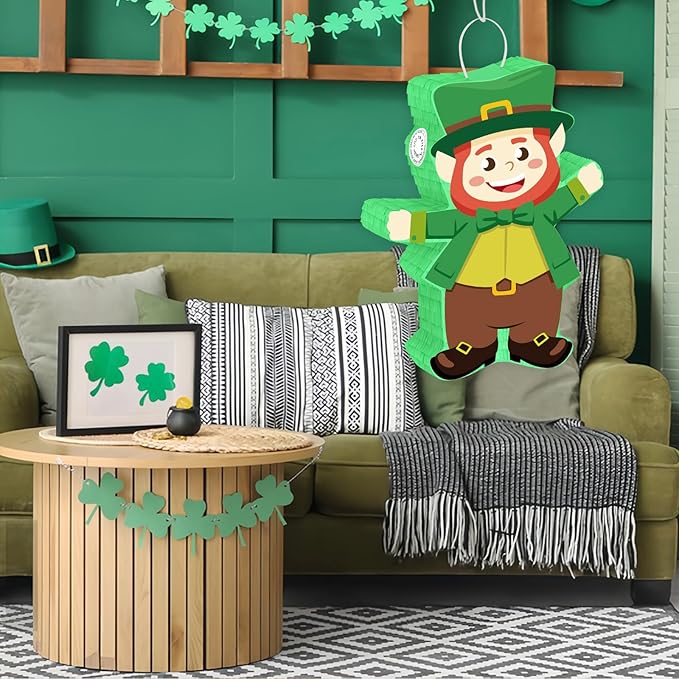 Hooqict St Patricks Day Pinata St. Patrick's Kids Party Games Green Leprechaun Pinata with Blindfold and Bat Stick for Boys Girls Happy St.Patrick's Day Decorations Birthday Party Supplies
