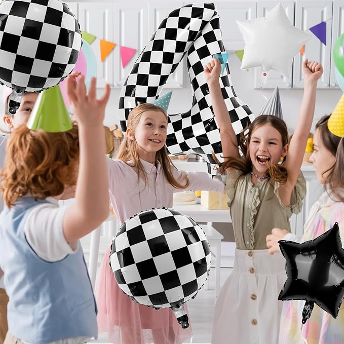 40 Inch Checkered Number Balloons 4 Black and White Foil Balloon for Girls & Boys Racing Car Theme Birthday Party Decorations, Party Supplies & Favors(Number 4)