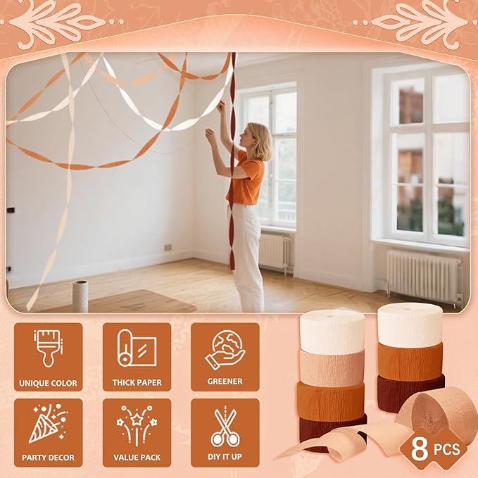 Wedding Decorations, 8 Rolls Rust Orange Brown Crepe Paper Streamers for Rustic Fall Wedding, Bridal Shower, Retro Party, Spring, Summer Decor, Birthday, 82 Ft Long