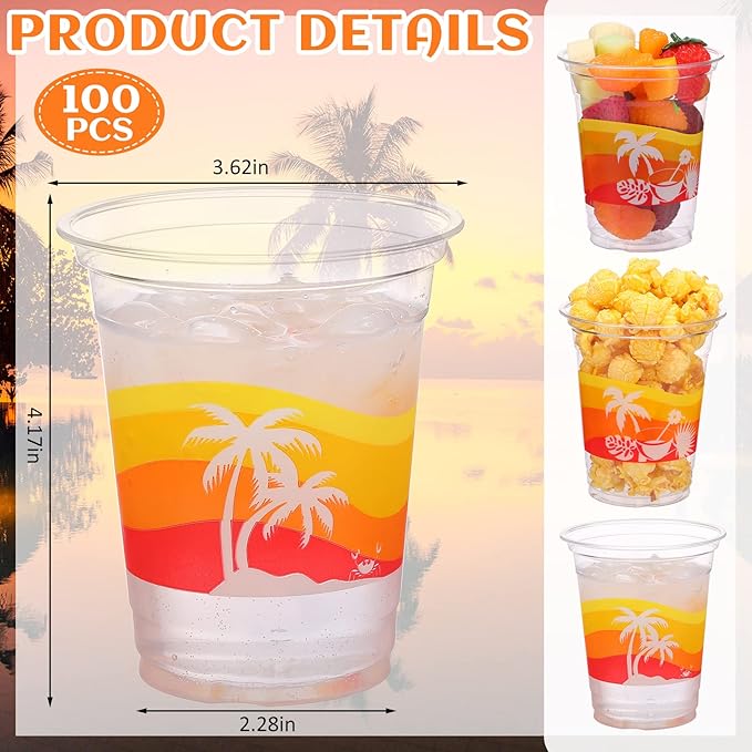 Rtteri 100 Pcs 12oz Luau Cups Plastic Hawaiian Coconut Tree Drinking Cups Bulk Disposable Palm Tree Tiki Drinkware for Summer Beach Party Supplies Luau Hawaiian Decorations(Beach)