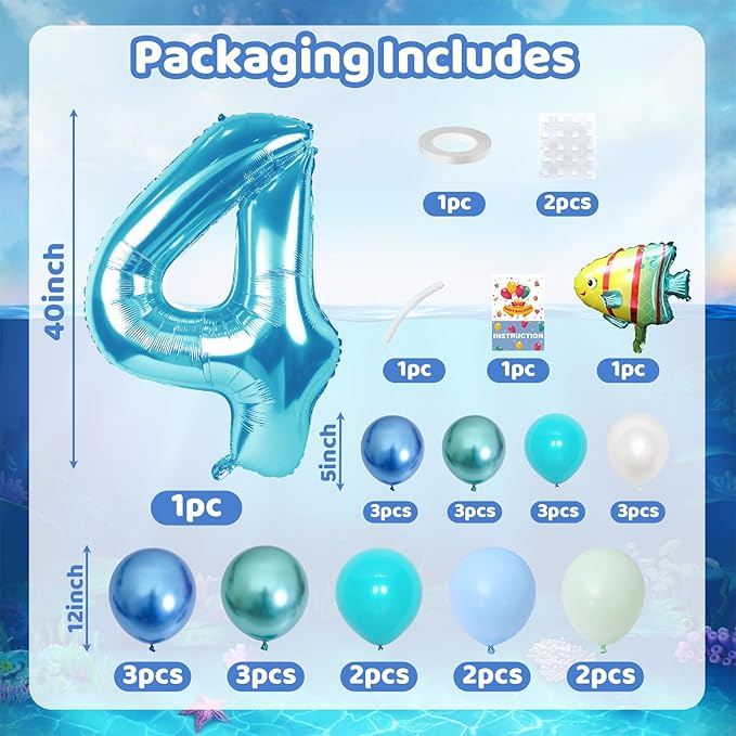 40 Inch Number 4 Balloon Blue Ocean Under the Sea Number Four Foil Balloons Tower with Shark Bubble Fish for Boys 4th Birthday Party Decor Blue Green Underwater Digital Aluminum Balloons Stack