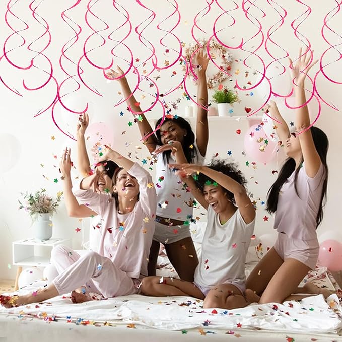 30 Pieces Hanging Swirl Party Decorations Ceiling Spiral Plastic Streamer for Birthday Graduation Wedding Celebration Baby Shower Party（Rose red）