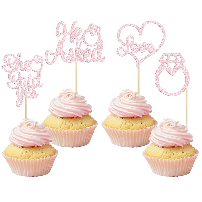 Gyufise 24 Pack He Asked She Said Yes Cupcake Toppers Light Pink Glitter Heart Ring Cupcake Picks Wedding Engagement Bridal Shower Party Cake Decorations Supplies