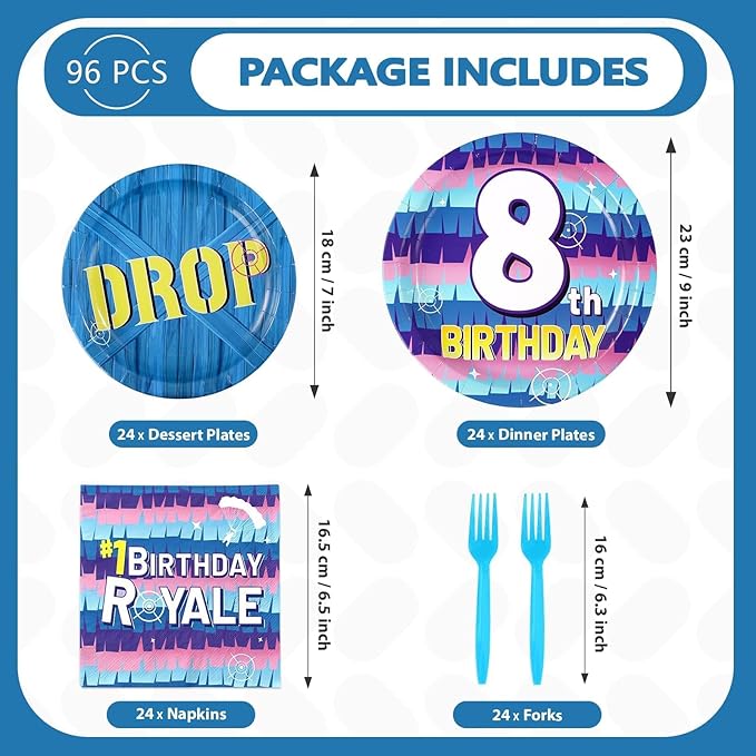 96Pcs 8th Video Game Birthday Party Supplies Happy 8th Game Theme Plates and Napkins Disposable Blue Drop Tableware Set for 8 Year Old Kids Boys Birthday Decorations Serves 24