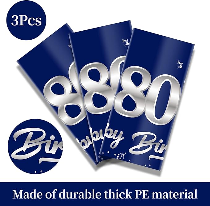 3 Pack Blue Silver 80th Birthday Tablecloth Decorations for Men, Navy Blue Happy 80 Table Cover Party Supplies, Eighty Years Birthday Disposable Rectangular Table Cloth for Indoor Outdoor
