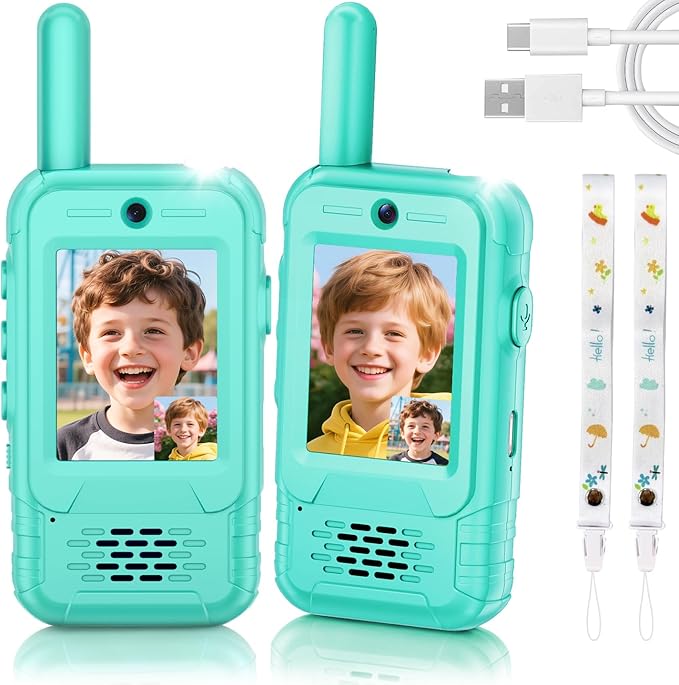 Video Walkie Talkies for Kids, 2 Pack Rechargeable Kids Walkie Talkies Long Range with Flashlight Outdoor Christmas Birthday Toddler Toys Gifts for 3-12 Year Old Boys Girls for Outside, Camping Travel