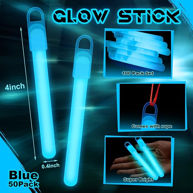 Lewtemi 50 Pack 4" or 6" Bright Glow Sticks Bulk, Glow in the Dark Party Supplies Birthday and Holidays (4 Inch,Blue)