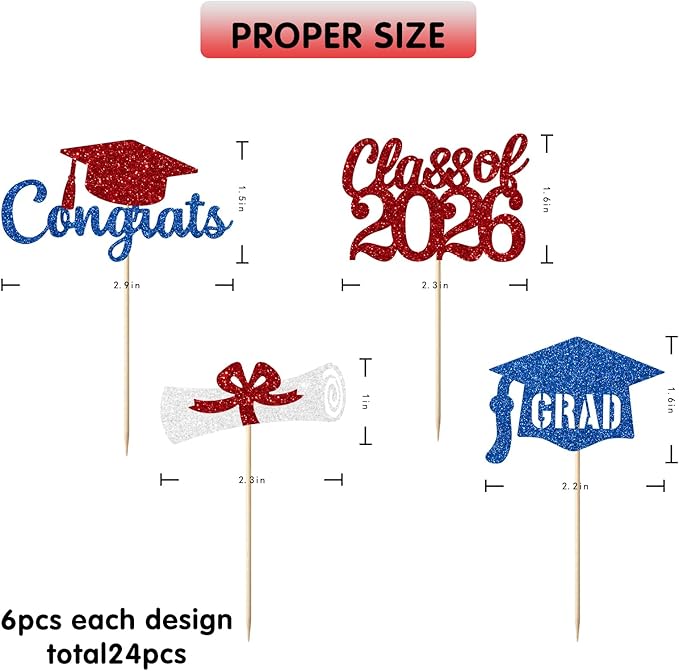Red and Blue Graduation Cupcake Toppers Decorations Class of 2026 Cupcake Topper Graduation Cup Cake Picks Congrats Grad Party Decor Supplies Set of 24