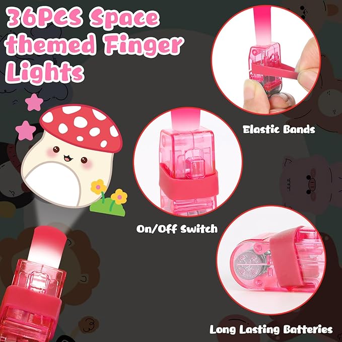 36Pcs Cute Animals LED Finger Lights Kawaii Animals Glow in the Dark Light Up Finger Lights Pink Party Favors Animal Theme Toys Bulk for Kids Cute Animal Birthday Classroom Prize Exchange Gift Supply