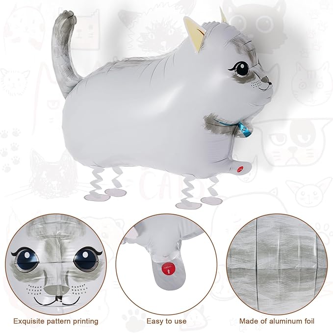 4 Pcs Walking Cat Balloons, Cat Balloons, Walking Animal Foil Mylar Balloon, Farm Birthday Decorations for Cats Theme Party Supplies (Cat)