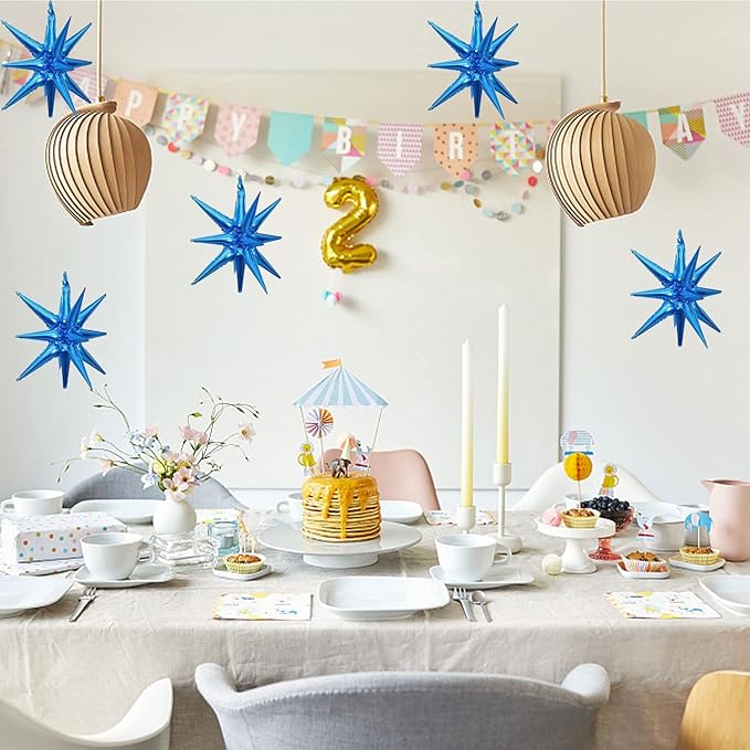 6 Pcs Blue Star Foil Balloons One-Piece 14-Pointed Star Balloon 4D Starburst Cone Mylar Balloon 22inch Christmas Birthday Wedding Wedding Anniversary Party Supplies(Blue)