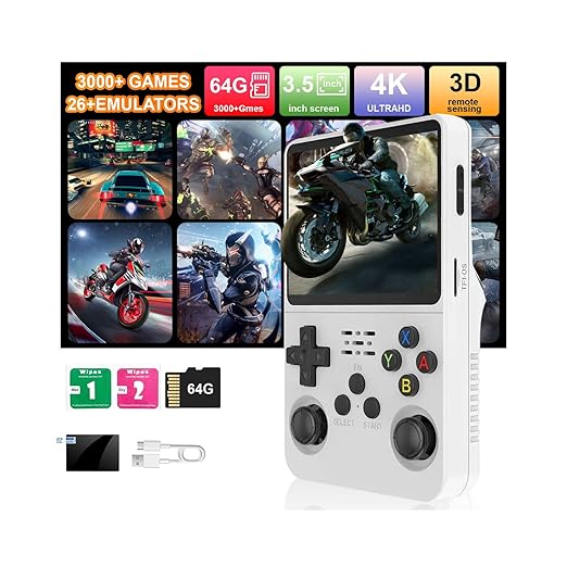 R36S Handheld Game Console, 3.5" IPS Screen Retro Game Emulator with Open Source System, Portable Video Gaming Player with Built in 3000+ Games, 64GB TF Card, Gift for Adults Teens Kids, white