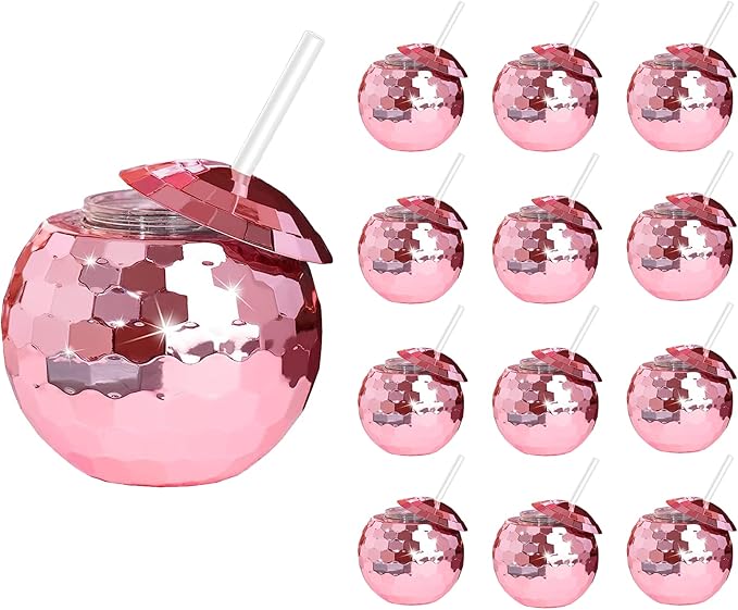 Disco Ball Cups, 20OZ Disco Party Cups with Lid and Reusable Straw Flash Ball Cocktail Cup for Party Nightclub Bar Supplies Wine Drinking Syrup Tea Bottle (12, Rose Gold)