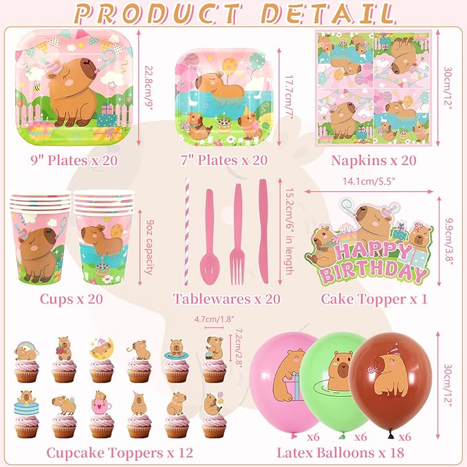 Pink Capybara Birthday Party Decorations - Capybara Party Supplies including Banner, Plate, Cake Topper, Cup, Napkin, Balloon, Tablecloth - Serves 20