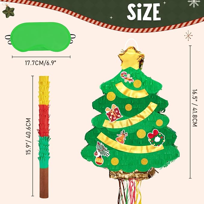 WERNNSAI Christmas Tree Piñata - Christmas Decorations XmasTree Party Game for Kids Festival Party Decor Supply Green Tree Design Merry Xmas Favor Pull String with Blindfold Bat 16.5” x 12.4”