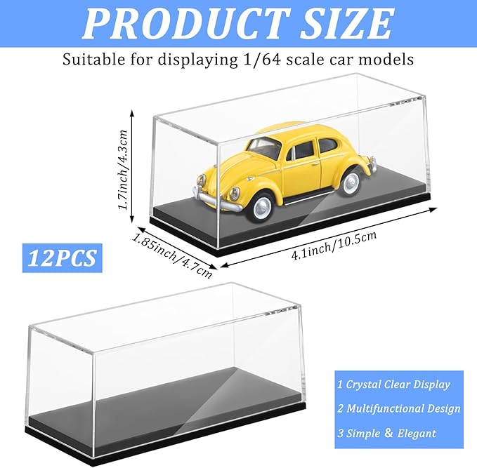 12 PCS Clear Model Cars Display Case,Toy Car Display Organizer Storage Case Fit for 1/64 Car Model,Clear Acrylic Display Box with Black Base for Hot Wheels Car(4.17 x 1.81 x 1.81 in)