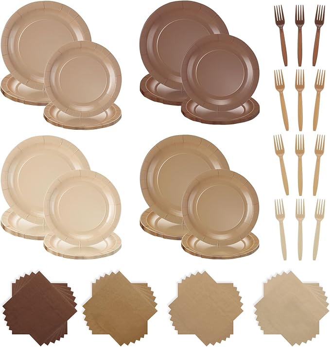 96 Pcs Brown Gradient Tableware Sets for 24 Guests Include 9 '' and 7'' Paper Party Plates Disposable Cocktail Napkins Plastic Forks Dinnerware for Birthday Wedding Tea Party Baby Shower