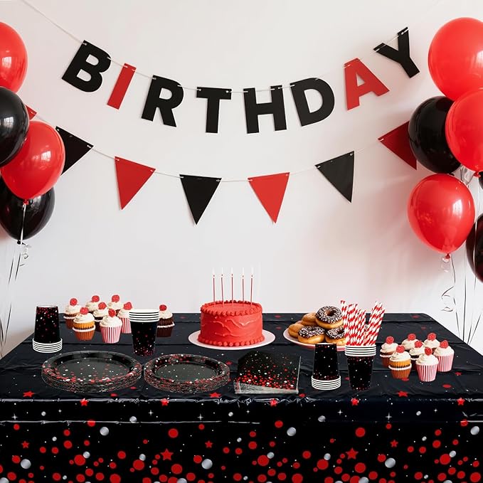 KEFAN Red Black Birthday Party Decorations, Red Black Theme Party Tableware Supplies including Plates, Cups, Napkins, Tablecloth (40)