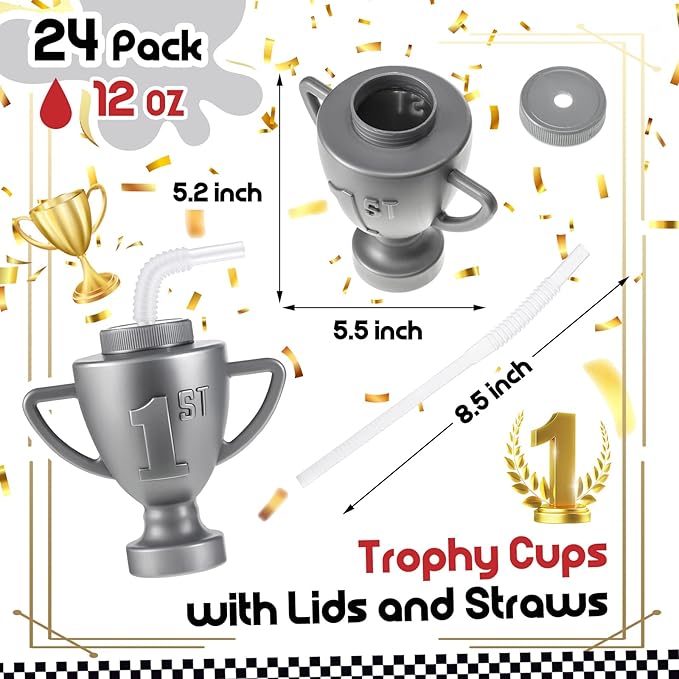 Amyhill 12 Pcs Race Car Trophy Cups With Straws and Lids 12 Oz Plastic Race Car Birthday Party Supplies And Favors For Kids Adults Props Rewards Winning Prizes Competitions (Silver)