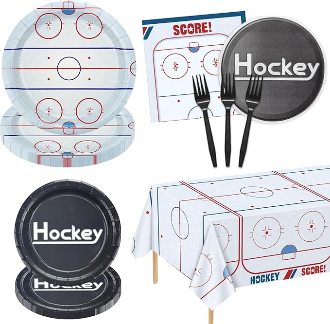 Hockey Birthday Decorations - 81Pcs Ice Hockey Tableware, Disposable Hockey Theme Plates, Napkins, Tablecloth for Kids Fans Sports Hockey Birthday Party Supplies, Serve 20