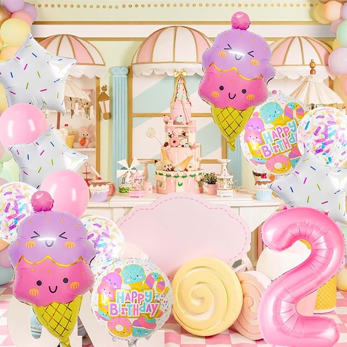 Pink Ice Cream Balloons, Number 2 Balloon, Two Sweet Birthday Party Supplies, Ice Cream Balloon for Girls Birthday Party Decoration (2)
