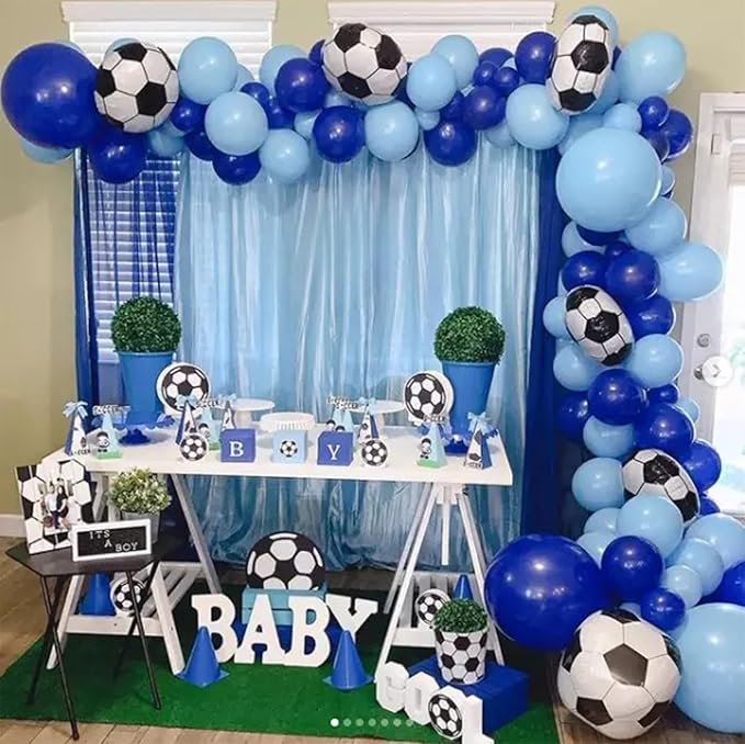 Soccer Balloon Arch Kit with 4D Football Foil Balloons, Royal Blue, White, Metallic Silver Latex Balloons for Baby Shower, Birthday, Soccer, Football Party Decorations