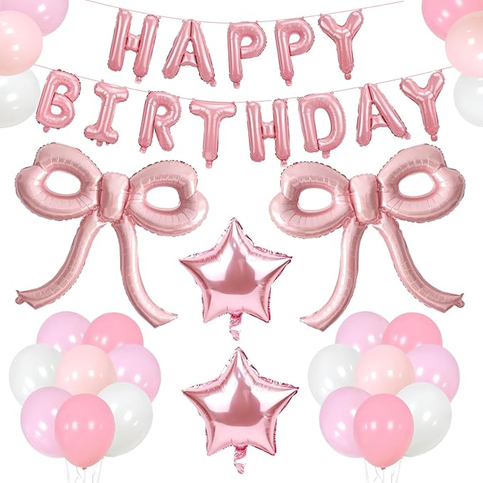 Bow Party Decorations Pink Happy Birthday Balloons Banner Pink Birthday Decorations Bow Balloons for Women Girls Birthday Decor Party Supplies