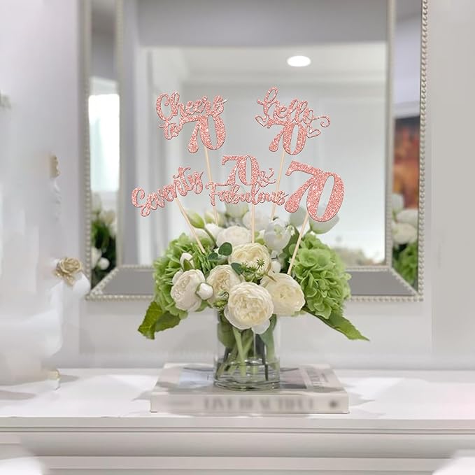 15PCS Happy 70th Birthday Centerpiece Sticks Seventy Hello 70 Cheers to 70 Table Flower Centerpieces Sticks 70 Fabulous Floral Decorations for Happy 70th Birthday Party Centerpieces Supplies Rose Gold