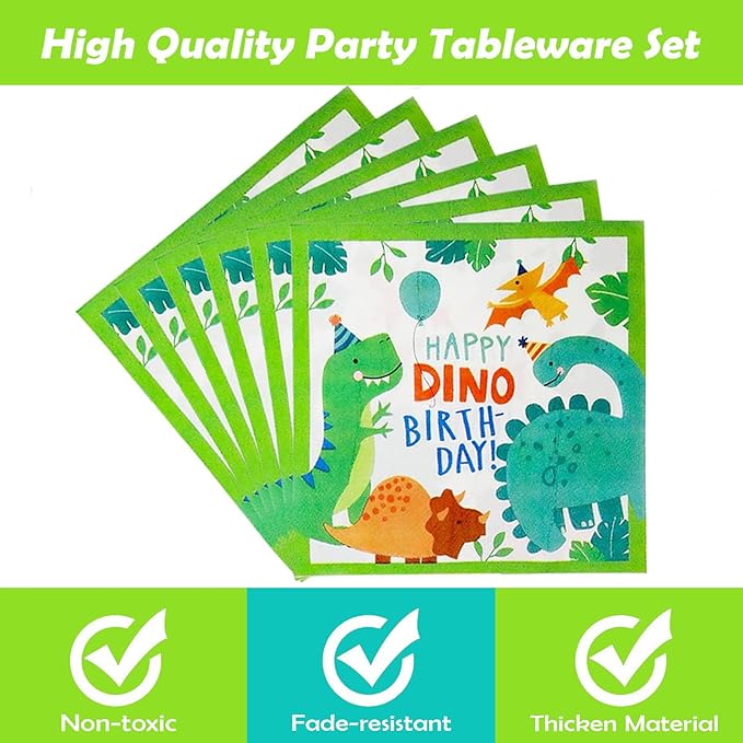 96 Pcs Dinosaur Party Supplies, Dinosaur Theme Birthday Party Decoration Includes Plates Napkins Forks, Dino Tableware Set for Birthday, Serves 24 Guests