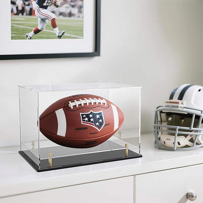 Acrylic Display Case with Lift-up Showing Platform ANG Golden Feet, Dust-Proof Clear Box for Soccer, Rugdyball, Football, Figurines, and Memorabilia (12" Lx8 Wx9.6 H)