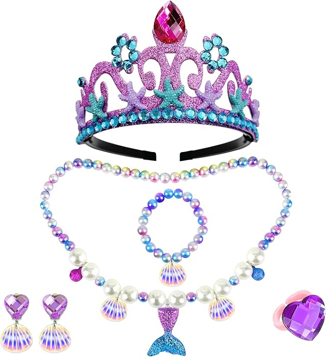Keenjorika 6pcs Girls Princess Necklace Bracelets Ear Clips Set Mermaid Crown Pendant Colorful Plastic Princess Party Dress Up Pretend Play Christmas Gift